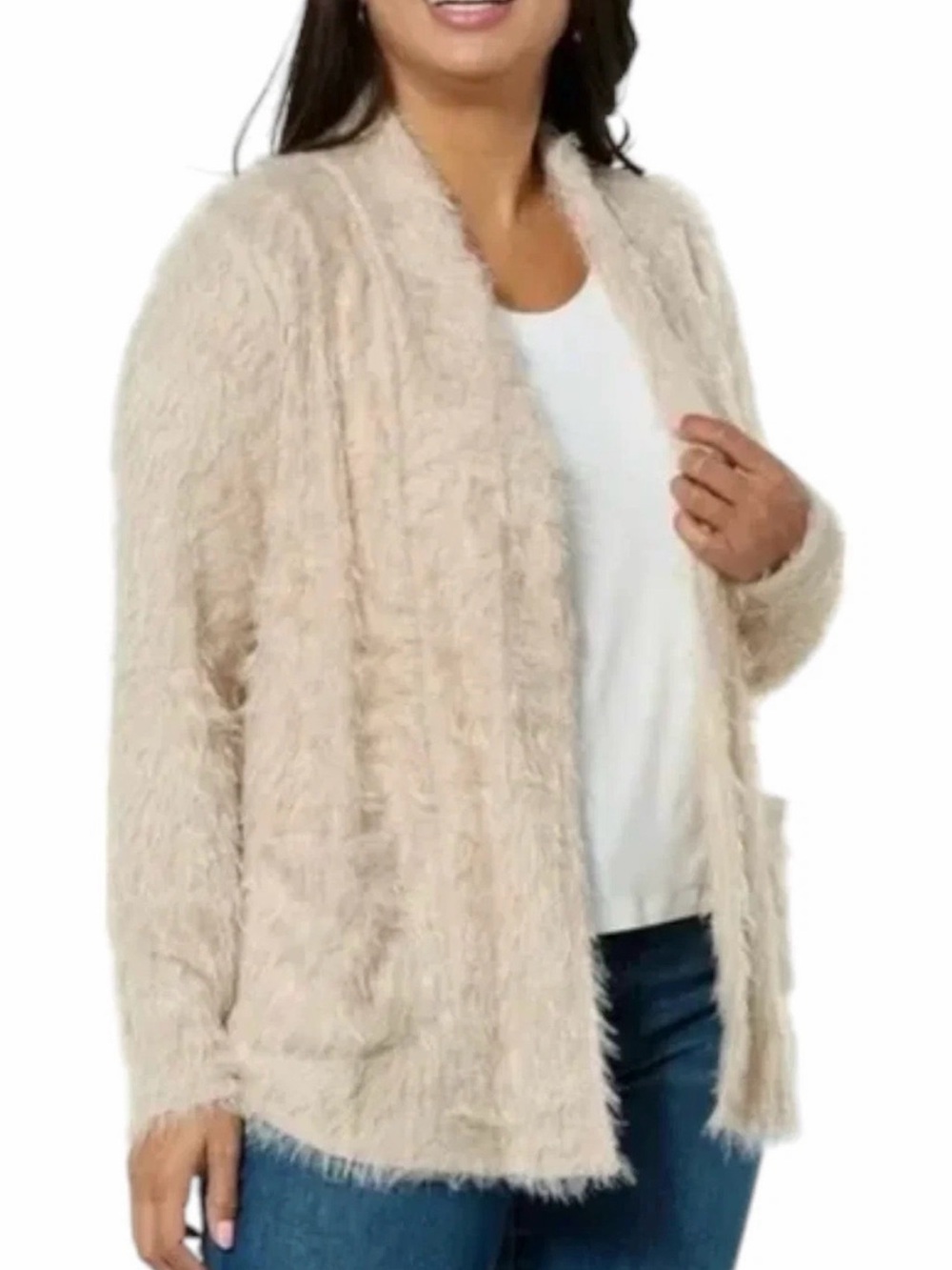 NWT Colleen Lopez Beige Eyelash Open-Front Cardigan Women's, XL